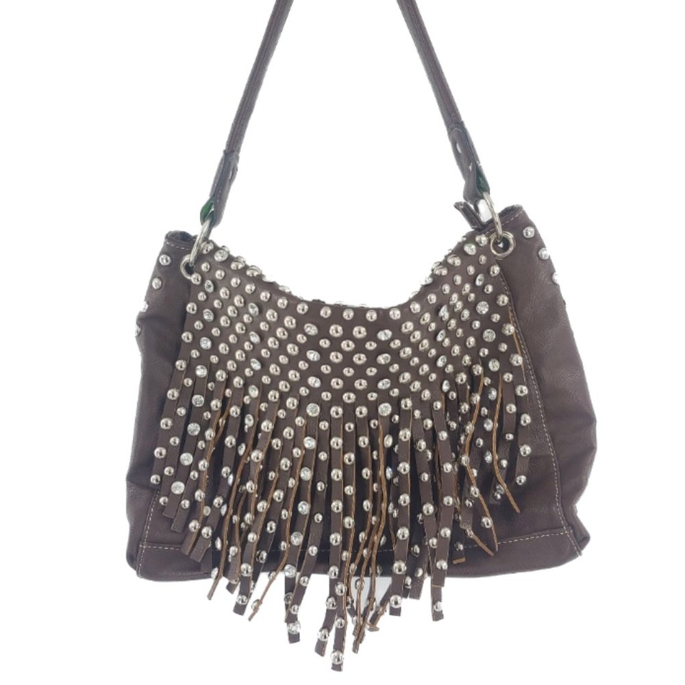 Womens Studded Fringe Faux Leather Handbag Purse Full Zip Embellished Brown